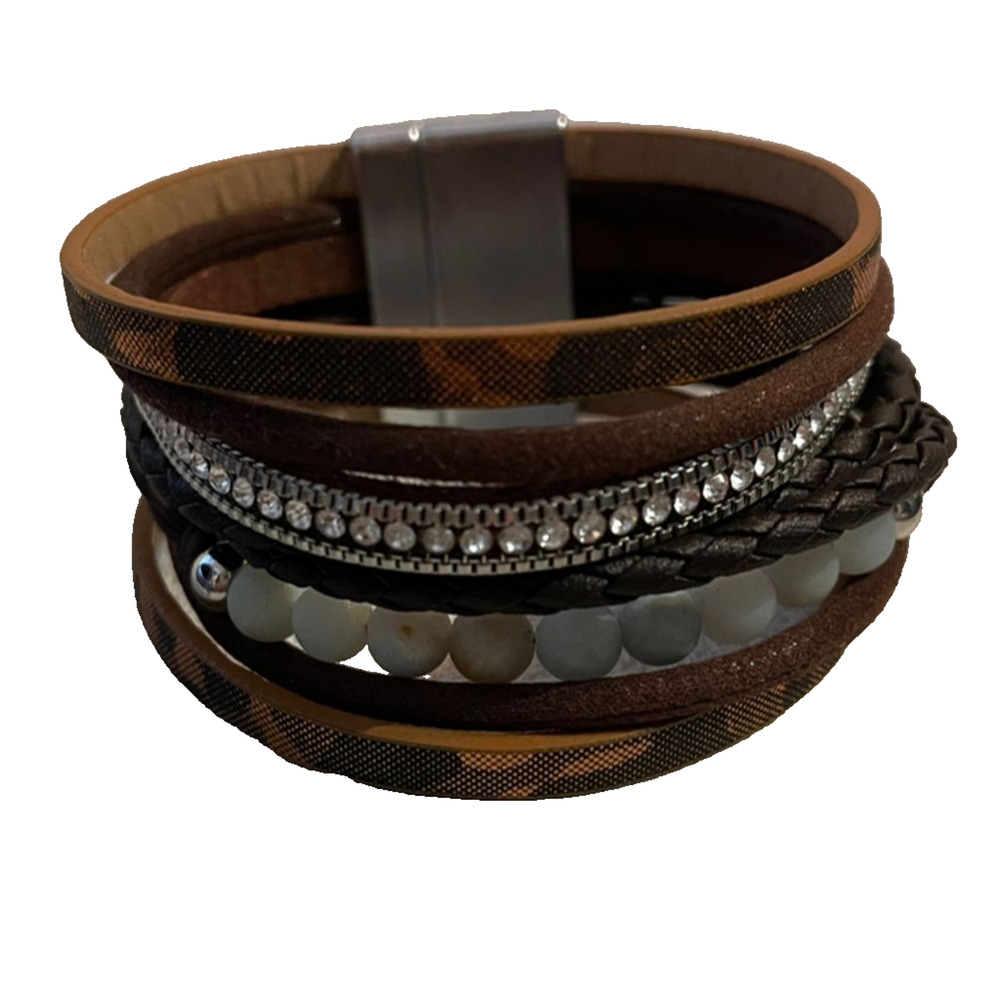 Boho Multicolor Faux Leather Wrap Bracelet‎ Crystal Bead Detail Magnetic Clasp